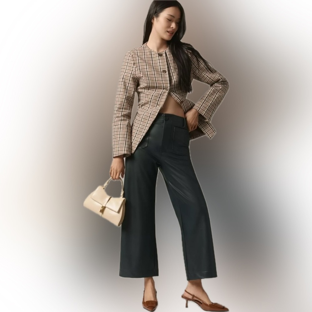 Anthropologie Maeve Colette Black Cropped Faux Leather Wide Leg Pants